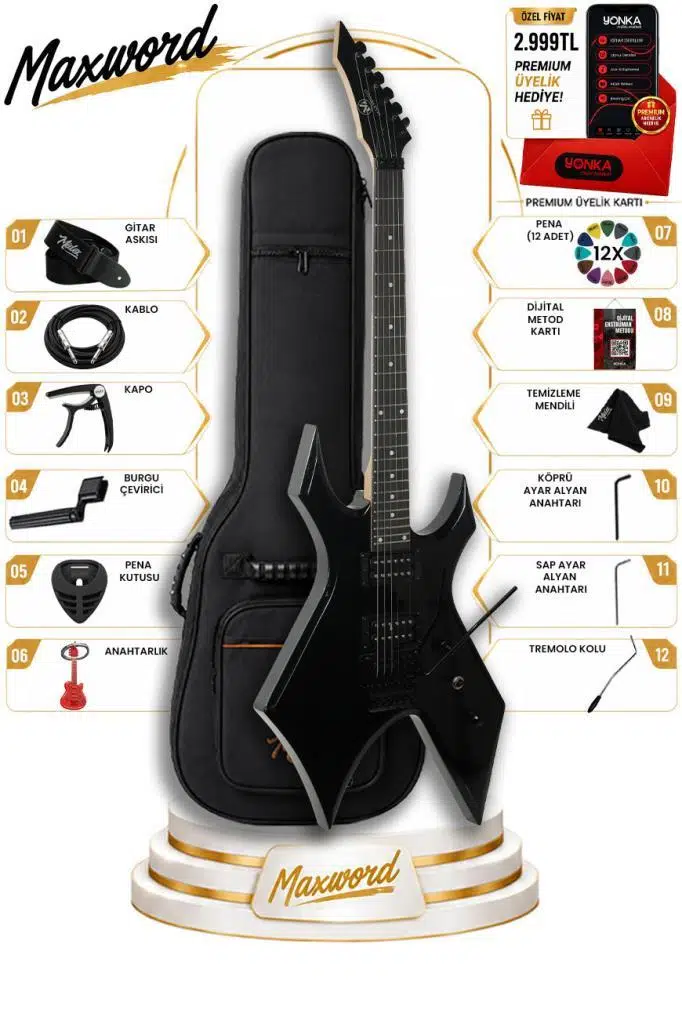 Maxword GT-Line-BK Profesyonel Warlock Kasa HH Elektro Gitar Seti Siyah