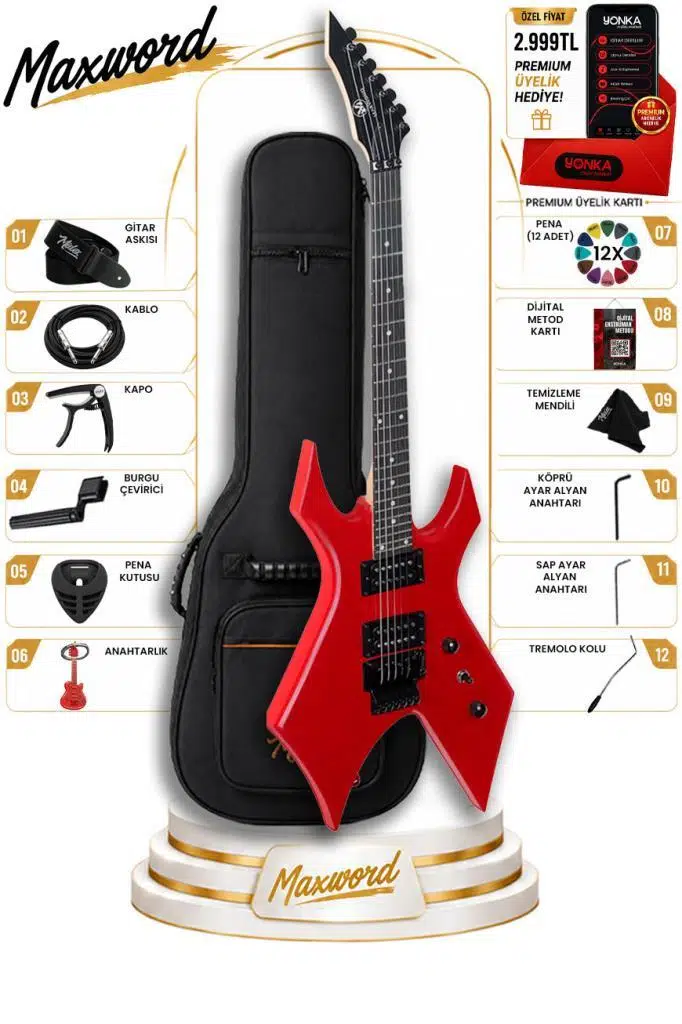 Maxword GT-Line-RD Profesyonel Warlock Kasa HH Elektro Gitar Seti Kırmızı