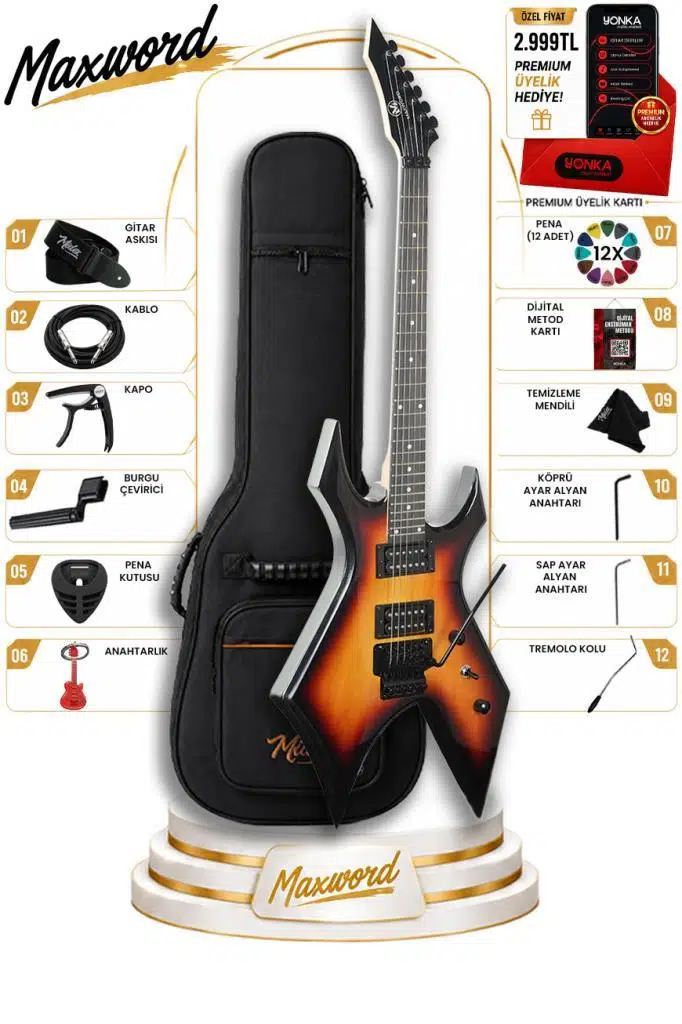 Maxword GT-Line-SB Profesyonel Warlock Kasa HH Elektro Gitar Seti Sunburs
