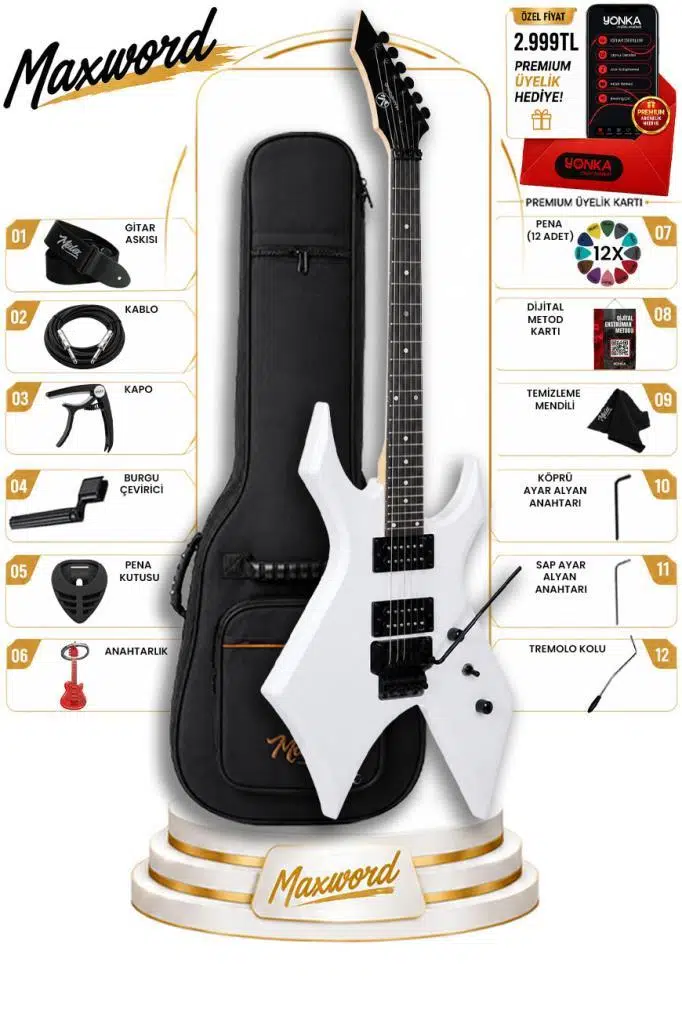 Maxword GT-Line-WH Profesyonel Warlock Kasa HH Elektro Gitar Seti Beyaz