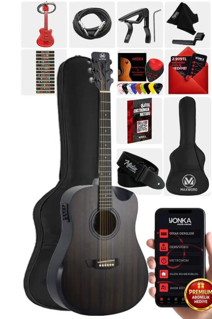 Maxword Luxury HCR-560BK-EQ Half Cutaway Elektro Akustik Gitar Seti