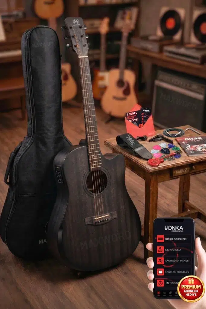 Maxword Luxury HCR-560BK-EQ Half Cutaway Elektro Akustik Gitar Seti