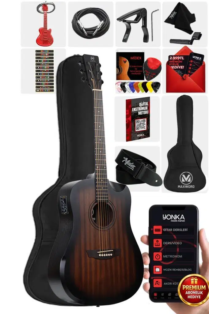 Maxword Luxury HCR-560BRW-EQ Half Cutaway Elektro Akustik Gitar Seti