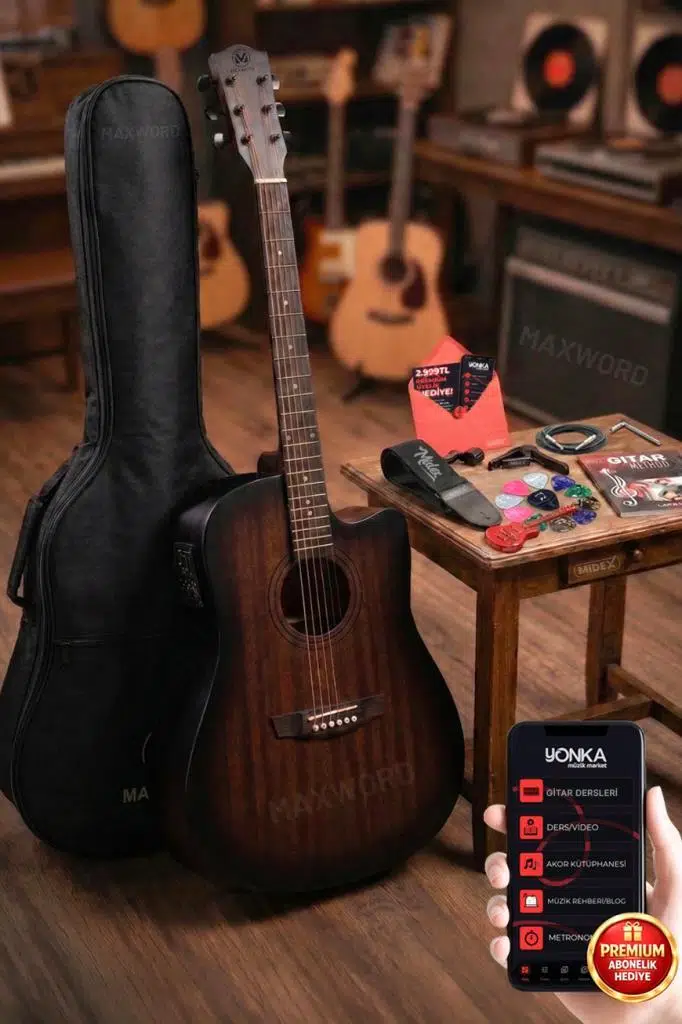 Maxword Luxury HCR-560BRW-EQ Half Cutaway Elektro Akustik Gitar Seti