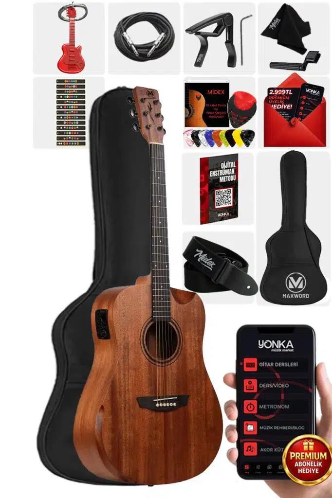 Maxword Luxury HCR-560NT-EQ Half Cutaway Elektro Akustik Gitar Seti
