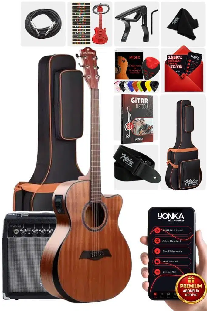 Maxword M450-EQ-AMP Profesyonel Masif Ağaç Amfili Elektro Akustik Gitar Seti üst Segment