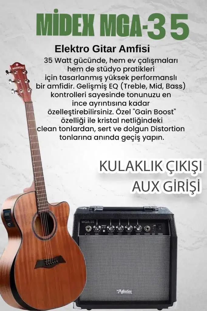 Maxword M450-EQ-AMP Profesyonel Masif Ağaç Amfili Elektro Akustik Gitar Seti üst Segment