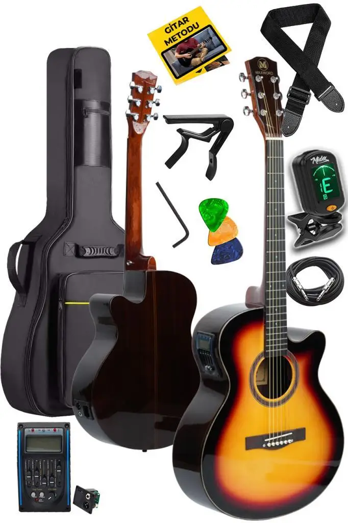 Maxword M501-SB-EQ Profesyonel Sunburs Elektro Akustik Gitar Seti 4/4 Yetişkin Seri üst Segment