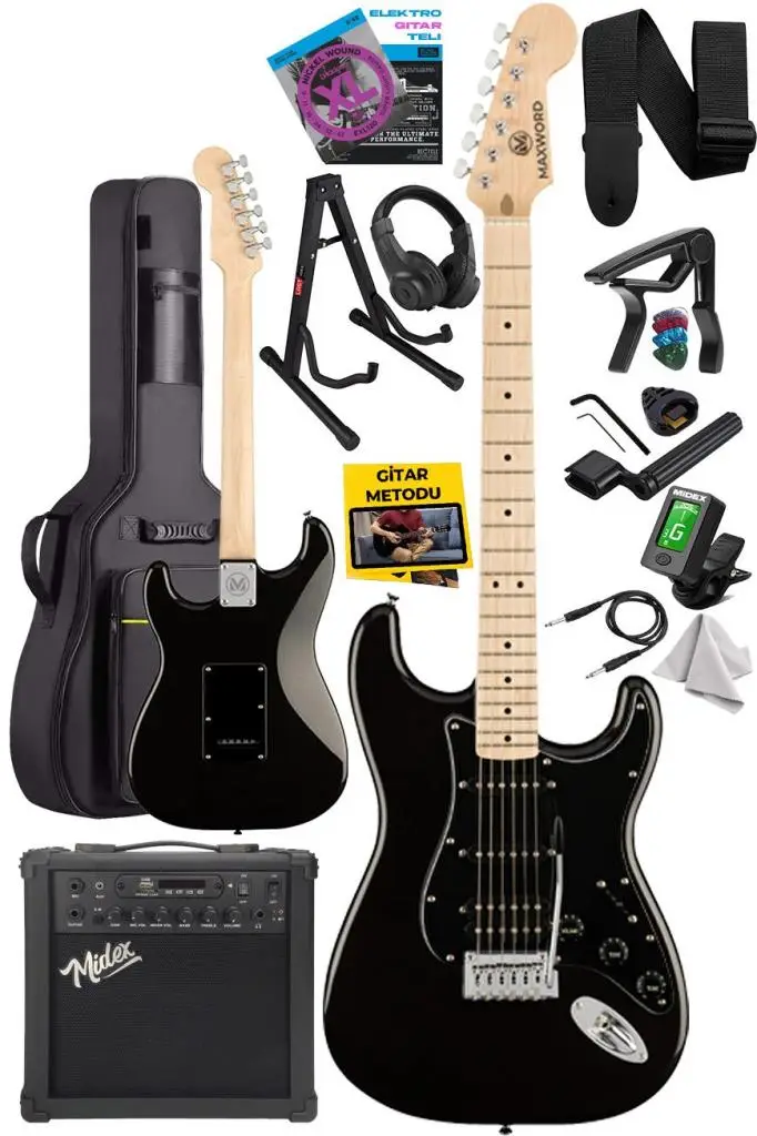 Maxword MAP-35BK-25AMP Maple Klavye SSH 25W Amfili Elektro Gitar Seti