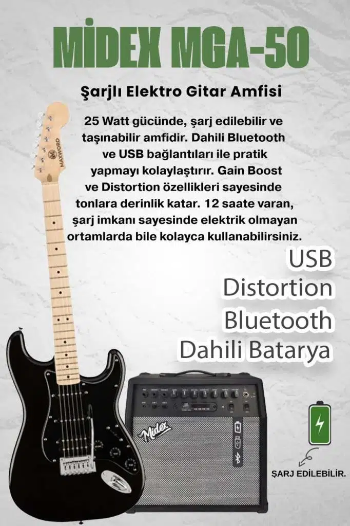 Maxword MAP-35BK-50AMP Maple Klavye SSH 50W Amfili Elektro Gitar Seti