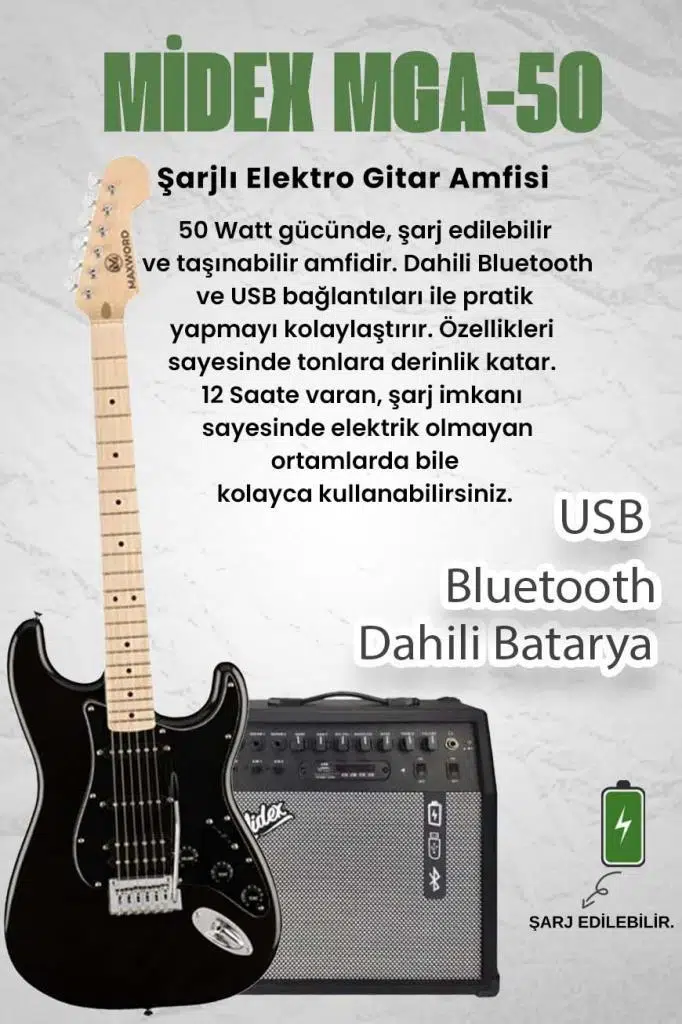 Maxword MAP-35BK-50AMP Maple Klavye SSH 50W Amfili Elektro Gitar Seti