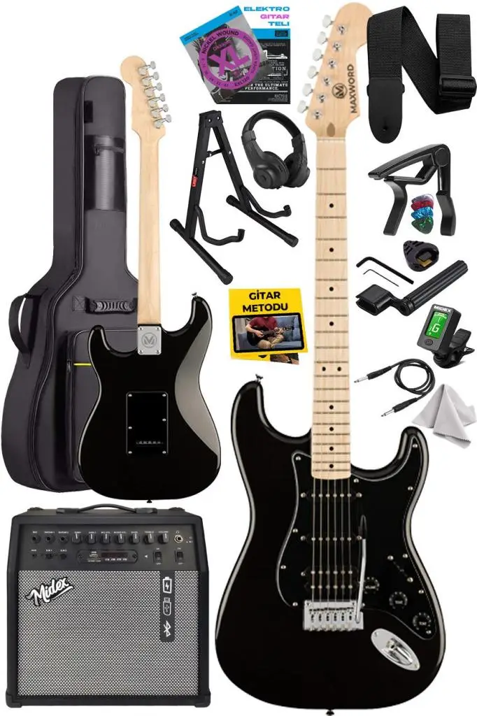 Maxword MAP-35BK-50AMP Maple Klavye SSH 50W Amfili Elektro Gitar Seti