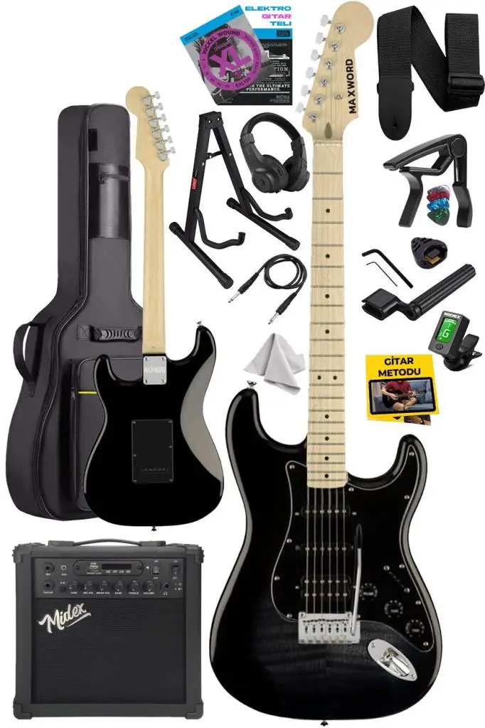 Maxword MAP-45BK-25AMP 25W Şarjlı BT Amfili Siyah Elektro Gitar Seti HSS Manyetik Maple Klavye Strat Kasa