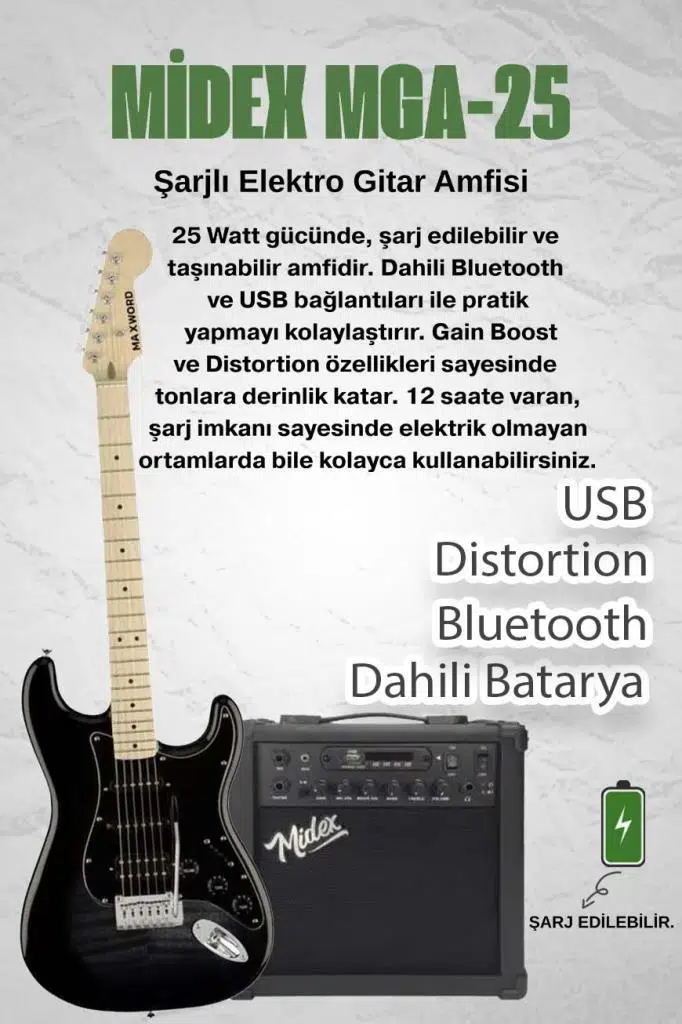 Maxword MAP-45BK-25AMP 25W Şarjlı BT Amfili Siyah Elektro Gitar Seti HSS Manyetik Maple Klavye Strat Kasa