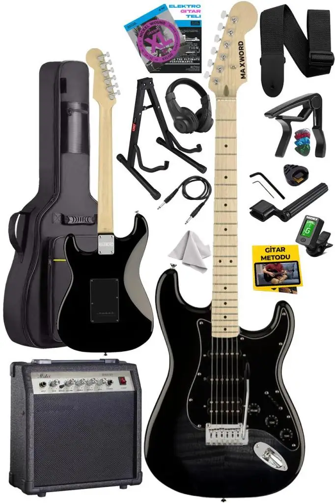 Maxword MAP-45BK-30AMP 30W BT Amfili Siyah Elektro Gitar Seti HSS Manyetik Maple Klavye Strat Kasa