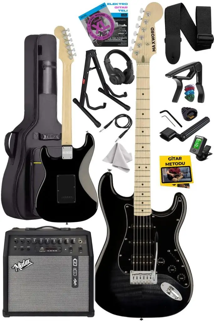 Maxword MAP-45BK-50AMP 50W Şarjlı BT Amfili Siyah Elektro Gitar Seti HSS Manyetik Maple Klavye Strat Kasa