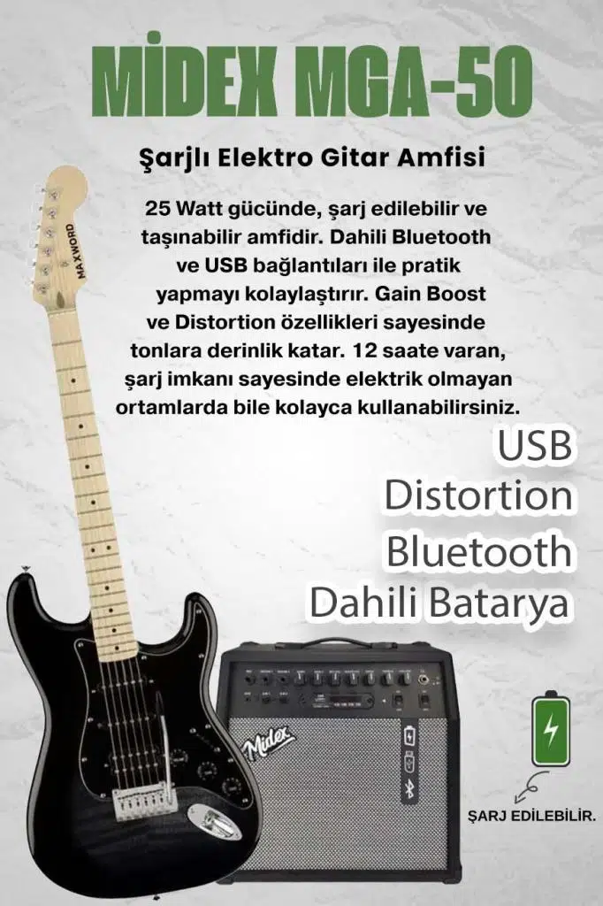 Maxword MAP-45BK-50AMP 50W Şarjlı BT Amfili Siyah Elektro Gitar Seti HSS Manyetik Maple Klavye Strat Kasa