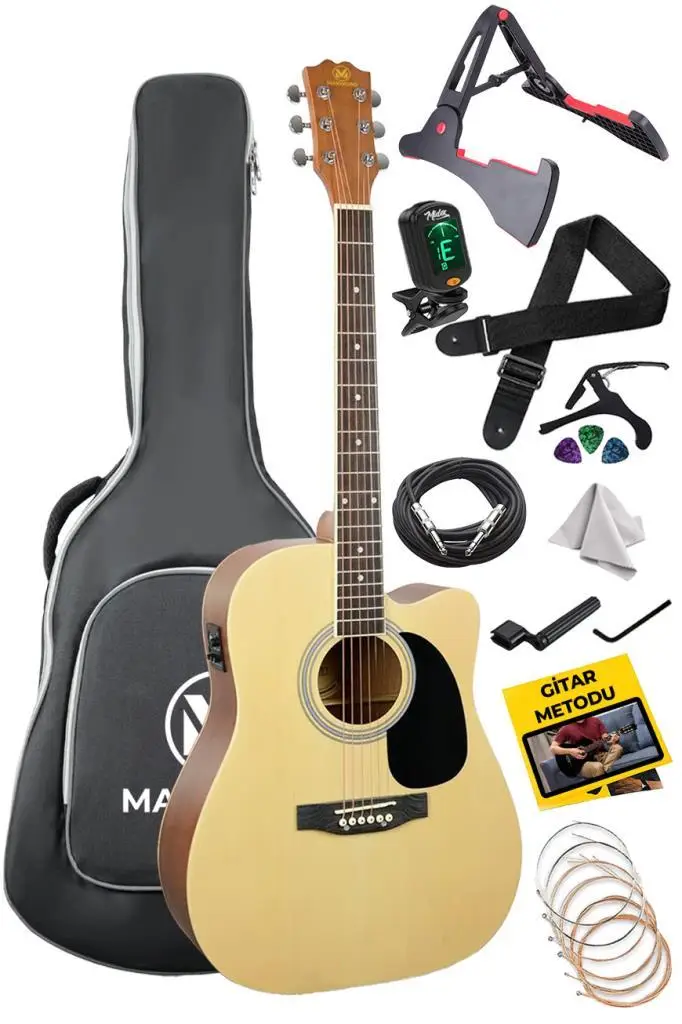 Maxword MCG-750NT Yüksek Kaliteli Ağaç Ekolayzerli Elektro Akustik Gitar Full Set
