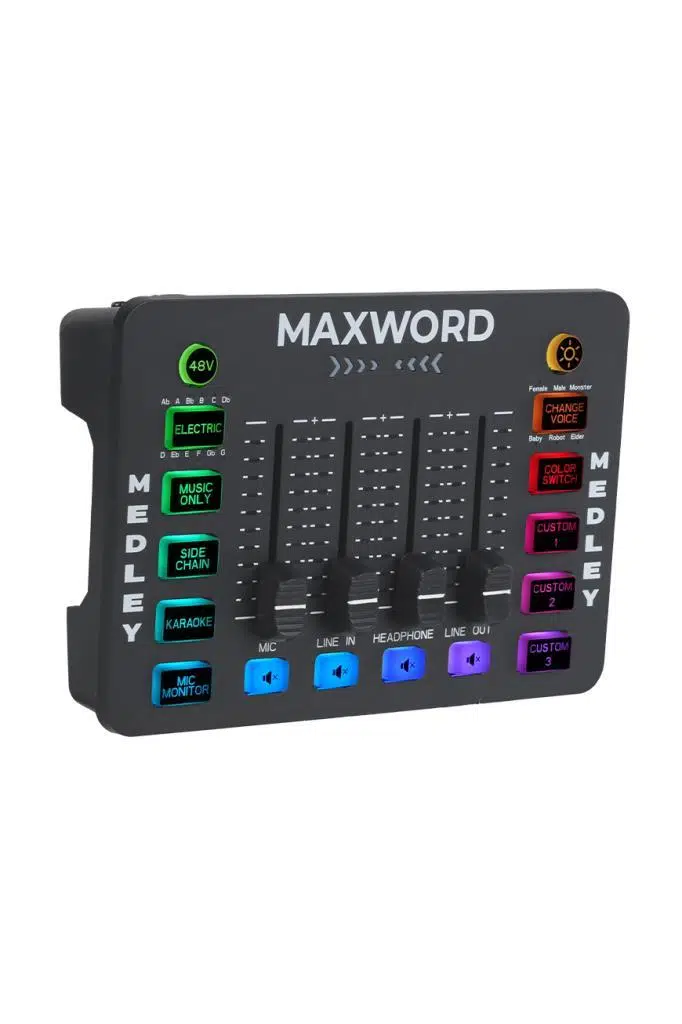 Maxword MEDLEY Gaming Canlı Yayın Stüdyo Kayıt RGB Ses Kartı DJ Mixer (Telefon PC Uyumlu)