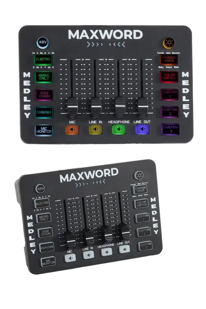 Maxword MEDLEY Gaming Canlı Yayın Stüdyo Kayıt RGB Ses Kartı DJ Mixer (Telefon PC Uyumlu)