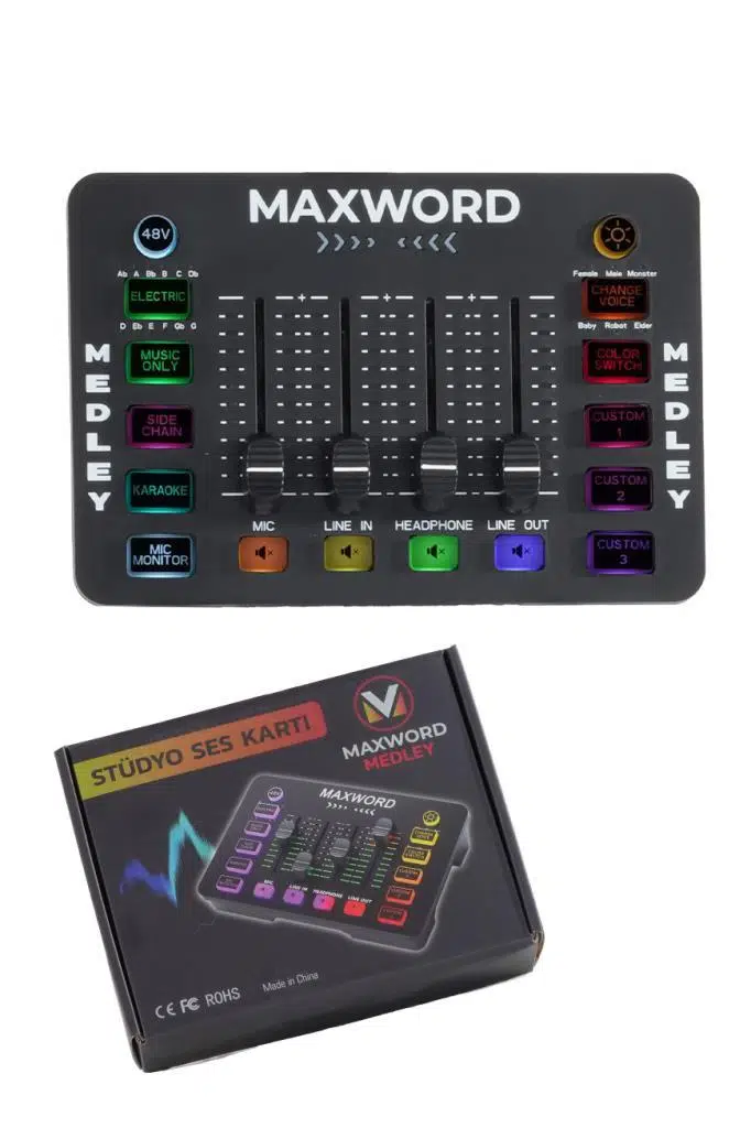 Maxword MEDLEY Gaming Canlı Yayın Stüdyo Kayıt RGB Ses Kartı DJ Mixer (Telefon PC Uyumlu)