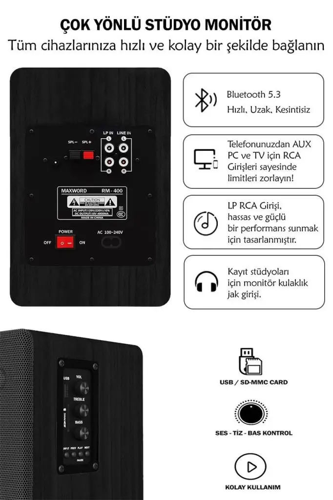 Maxword RM-400BK-ST 4`` Referans Monitörü Yükseklik Ayarlı Stand Dahil