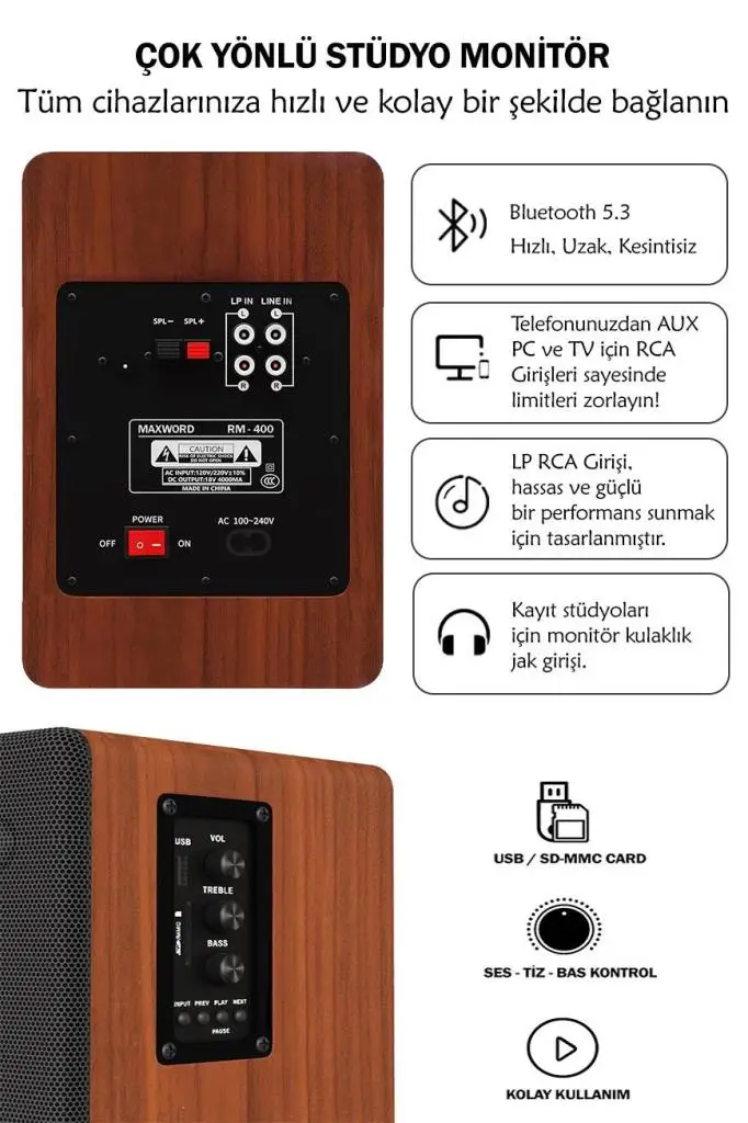 Maxword RM-400BRW-ST 4`` Referans Monitörü Yükseklik Ayarlı Stand Dahil