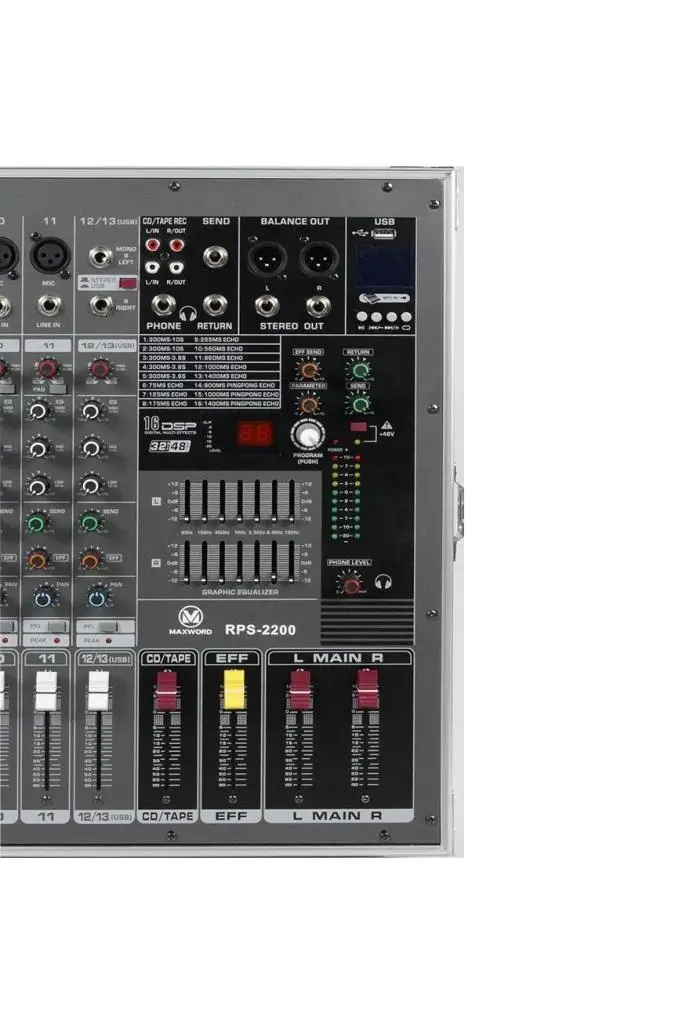 Maxword RPS-2200 Yüksek Güçlü Power Mixer Amfili Mikser 2x1100W 16DSP Efekt (Case`li)