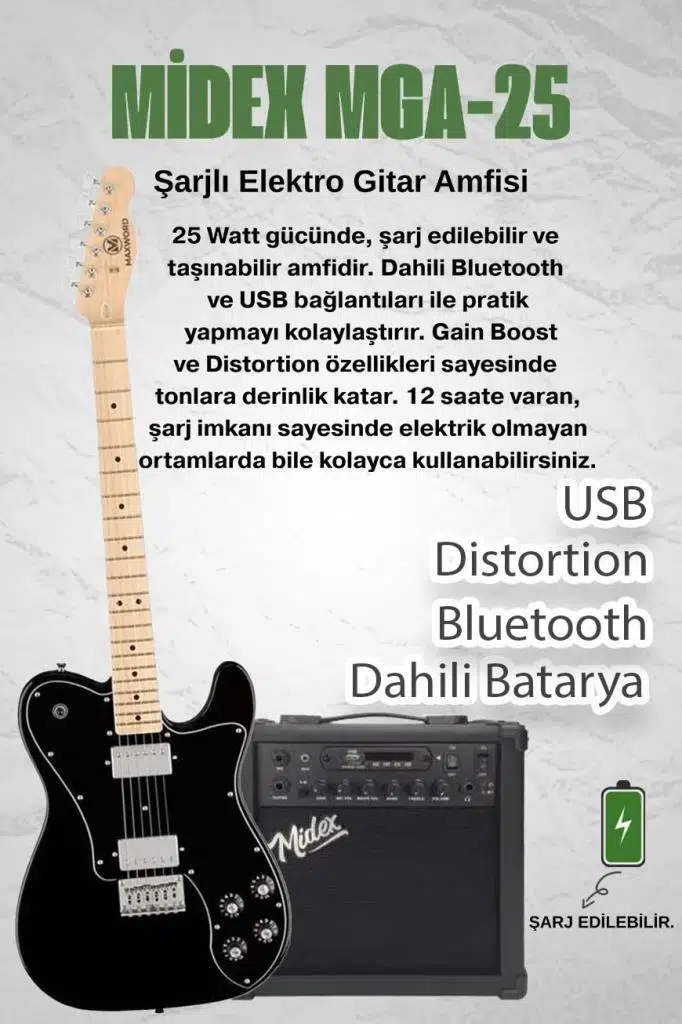 Maxword TLX-60BK-25AMP Telecaster Maple Klavye HH 25W Amfili Elektro Gitar Seti
