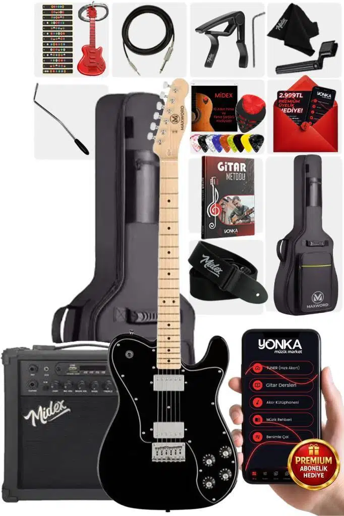 Maxword TLX-60BK-25AMP Telecaster Maple Klavye HH 25W Amfili Elektro Gitar Seti