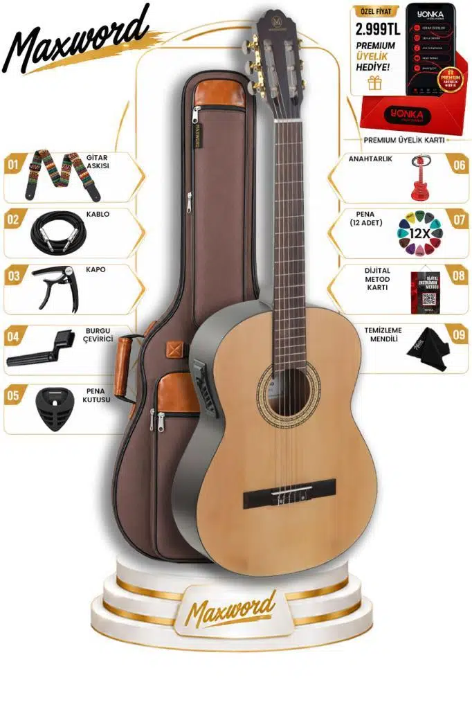 Maxword X50-EQ Ekolayzerli Profesyonel Elektro Klasik Gitar Seti Natural El Yapımı