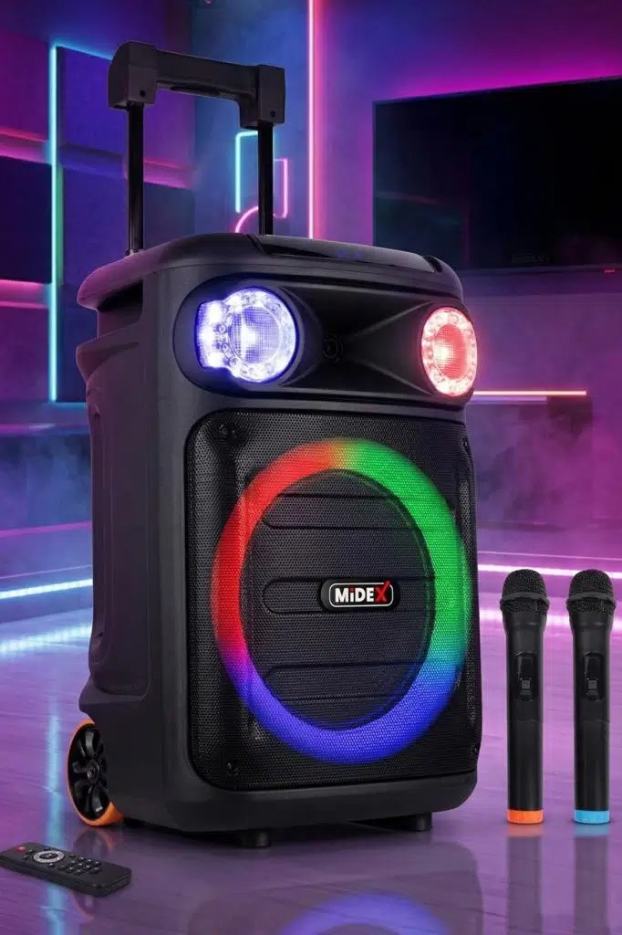 Midex 1100 Watt Mikrofonlu Karaoke Eğlence Işıklı Ses Sistemi MXR-1100 (Bluetooth Kayıt Usb Şarjlı)