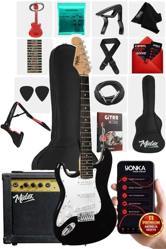 Midex AGE-45 SOLAK Elektro Gitar Seti Amfili ve Full Aksesuar White Black