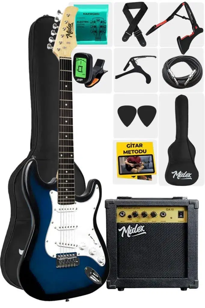 Midex AGE-80BL Amfili Full Elektro Gitar Seti 4/4 Yetişkin 39 İnç Blue