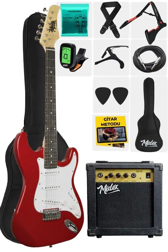 Midex AGE-80RD Amfili Full Elektro Gitar Seti 4/4 Yetişkin 39 İnç RED