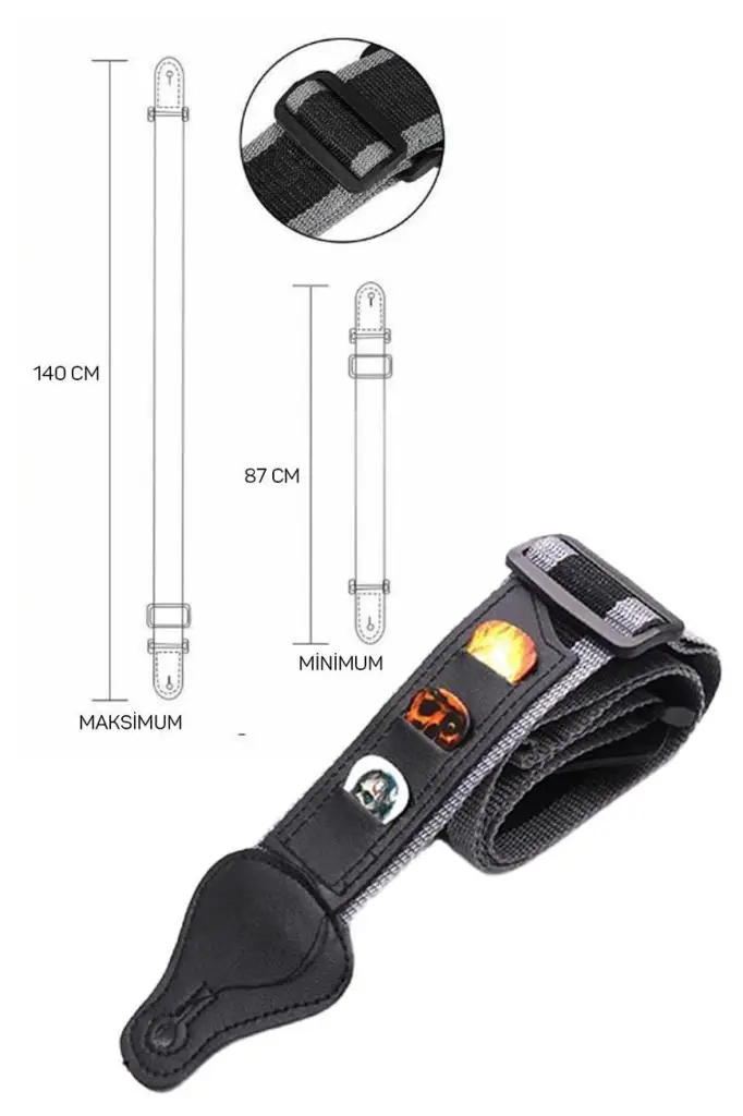 Midex ASP-28 Gitar Omuz Askısı Pena Cepli Siyah Gri Renk Uzunluk 87-140 cm