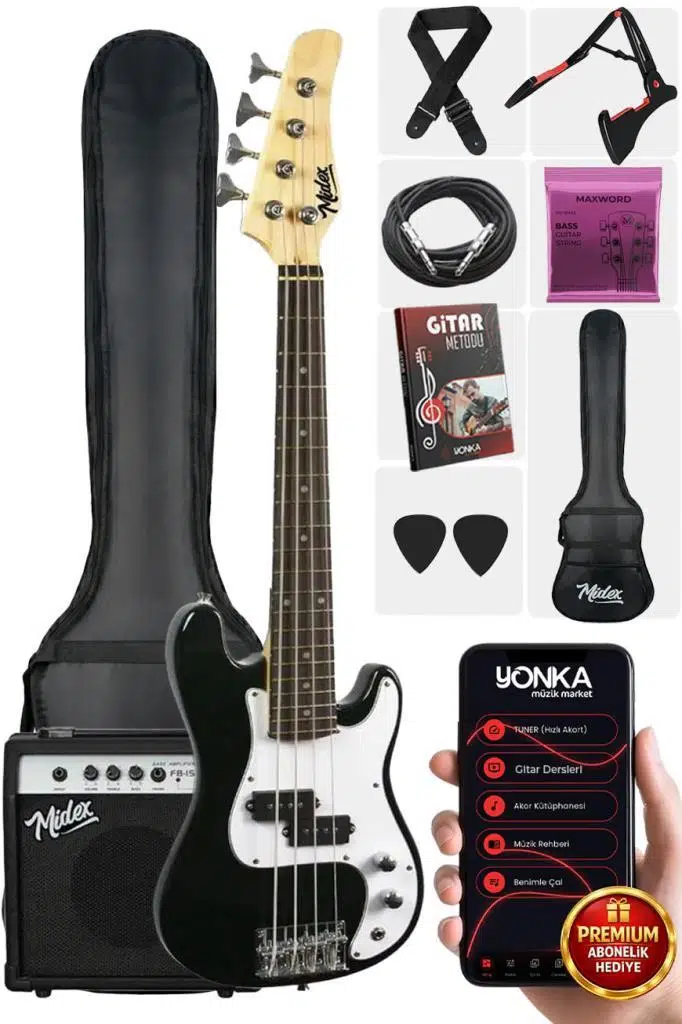 Midex CBG-380BK 38 İNÇ 7/8 Ebat 10-14 Yaş Arası Genç ve Çocuk İçin Amfili Bas Gitar Seti