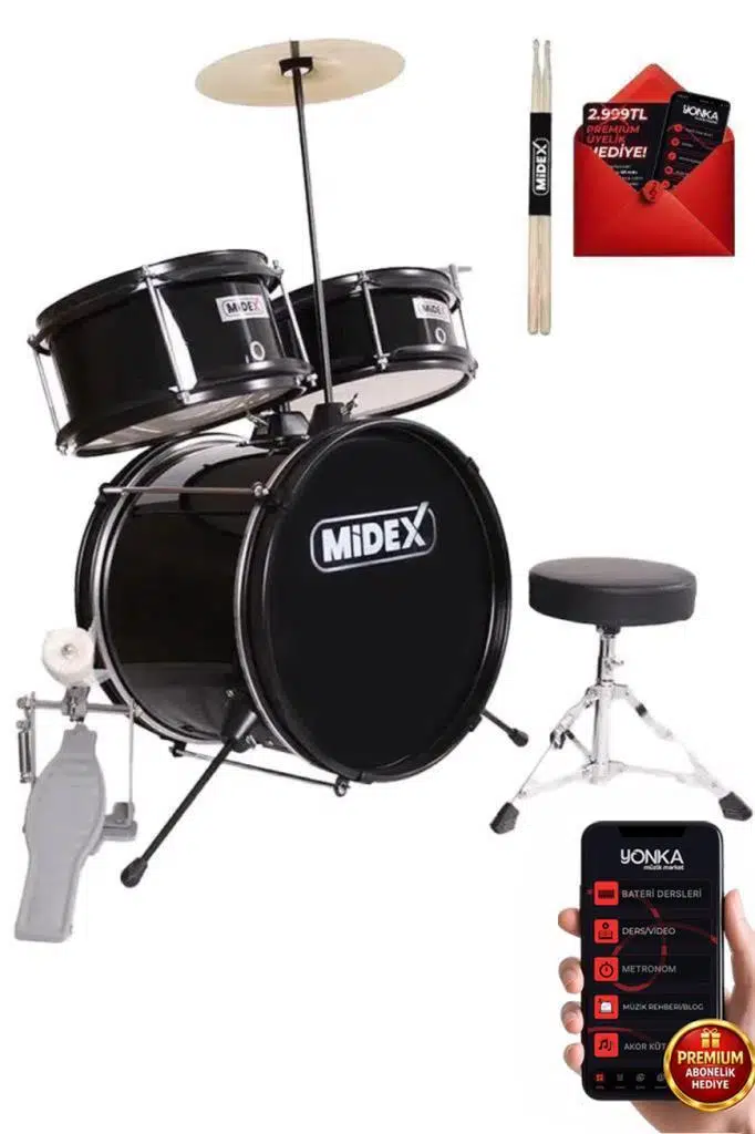 Midex CD300X-BK Akustik Junior Çocuk Baterisi Davulu Seti 5-14 Yaş İçin Full Set
