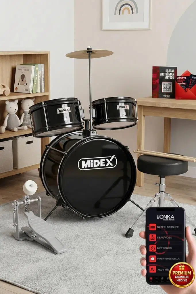 Midex CD300X-BK Akustik Junior Çocuk Baterisi Davulu Seti 5-14 Yaş İçin Full Set