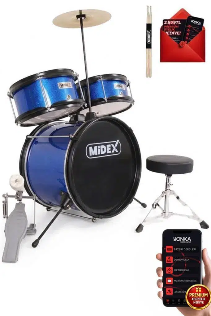Midex CD300X-BL Akustik Junior Çocuk Baterisi Davulu Seti 5-14 Yaş İçin Full Set