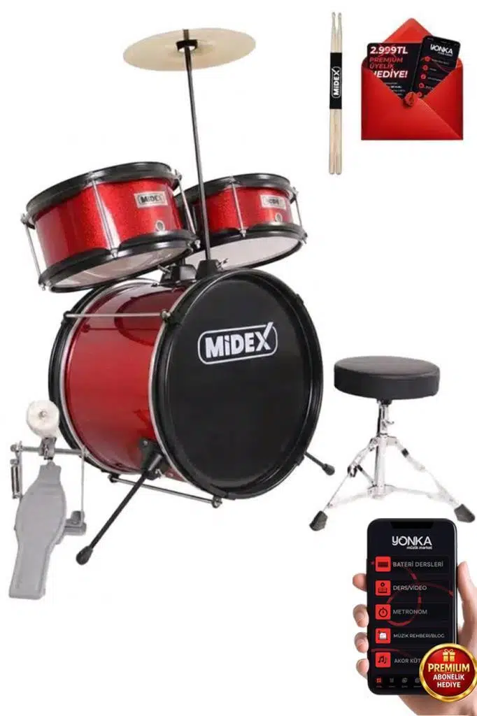 Midex CD300X-RD Akustik Junior Çocuk Baterisi Davulu Seti 5-14 Yaş İçin Full Set