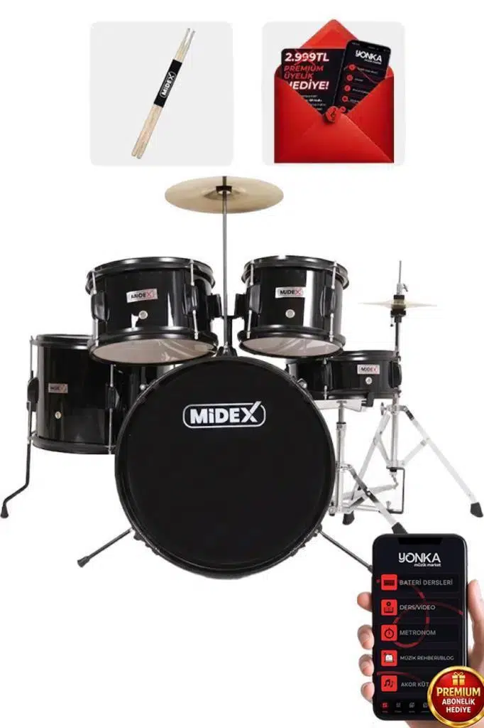 Midex CD500X-BK Akustik Junior Çocuk Baterisi Davul Seti 5-18 Yaş İçin Full Set