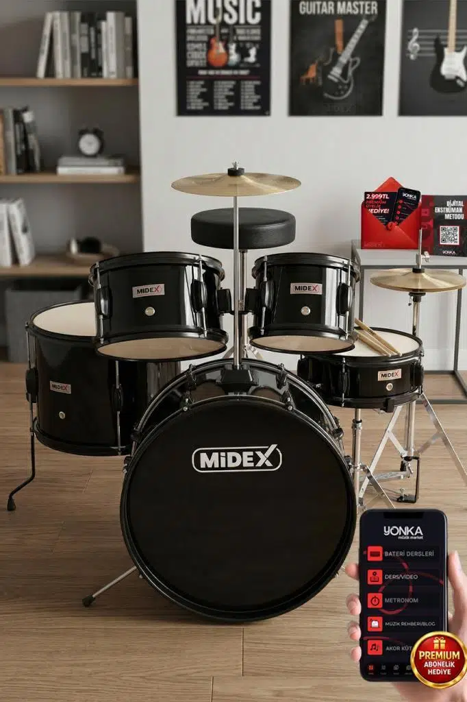 Midex CD500X-BK Akustik Junior Çocuk Baterisi Davul Seti 5-18 Yaş İçin Full Set