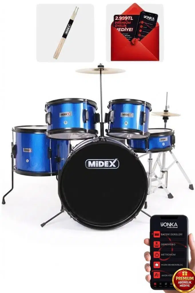 Midex CD500X-BL Akustik Junior Çocuk Baterisi Davul Seti 5-18 Yaş İçin Full Set