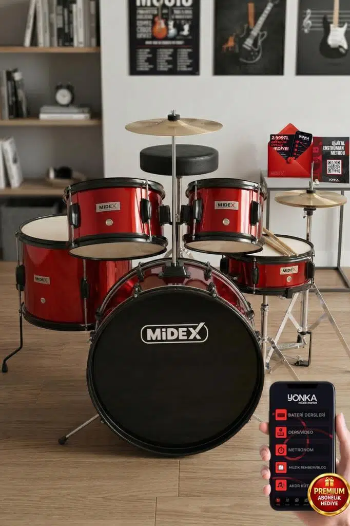 Midex CD500X-RD Akustik Junior Çocuk Baterisi Davulu Seti 5-18 Yaş İçin Full Set