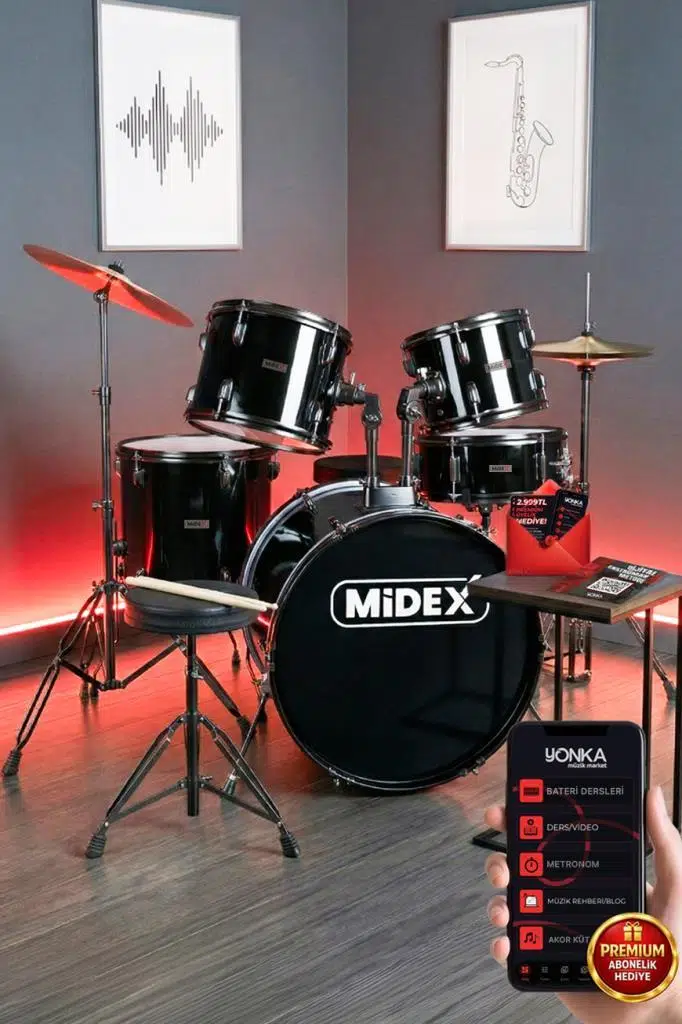 Midex CD900X-BK 22'' Yetişkin Akustik Bateri Davul Seti 22B-13T-12T-16F-14S (5 Parça)