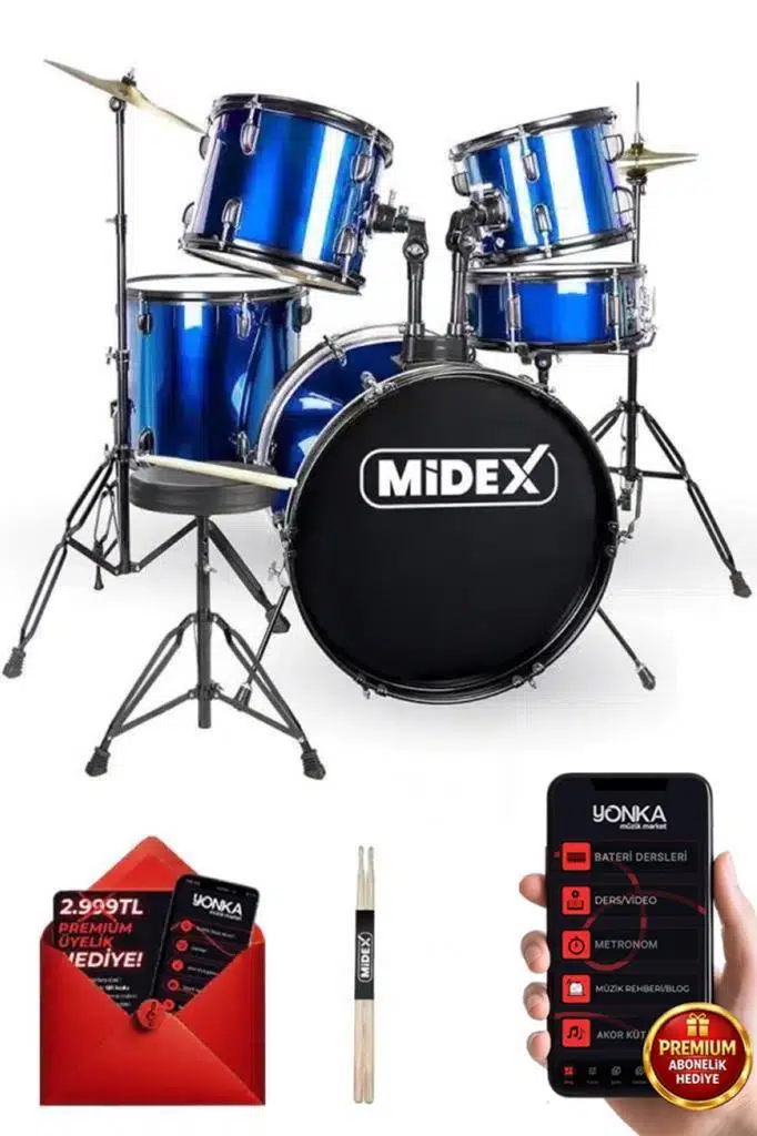 Midex CD900X-BL 22'' Yetişkin Akustik Bateri Davul Seti 22B-13T-12T-16F-14S (5 Parça)