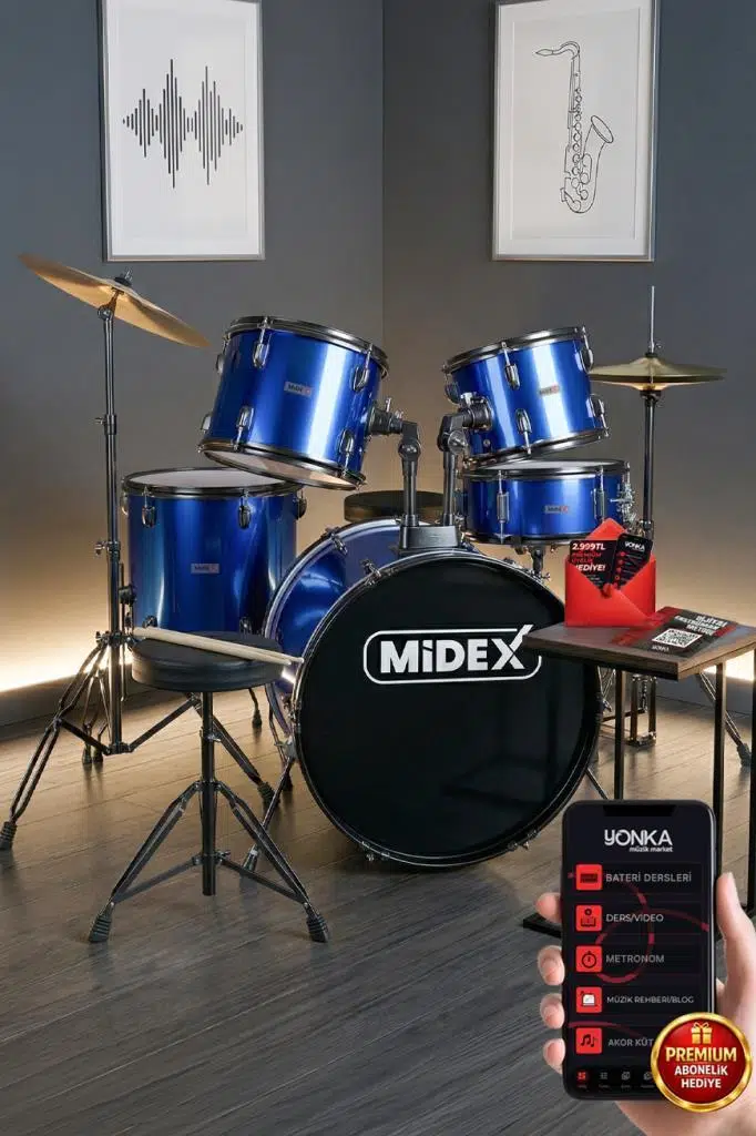 Midex CD900X-BL 22'' Yetişkin Akustik Bateri Davul Seti 22B-13T-12T-16F-14S (5 Parça)
