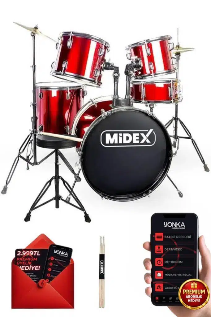 Midex CD900X-RD 22'' Yetişkin Akustik Bateri Davul Seti 22B-13T-12T-16F-14S (5 Parça)