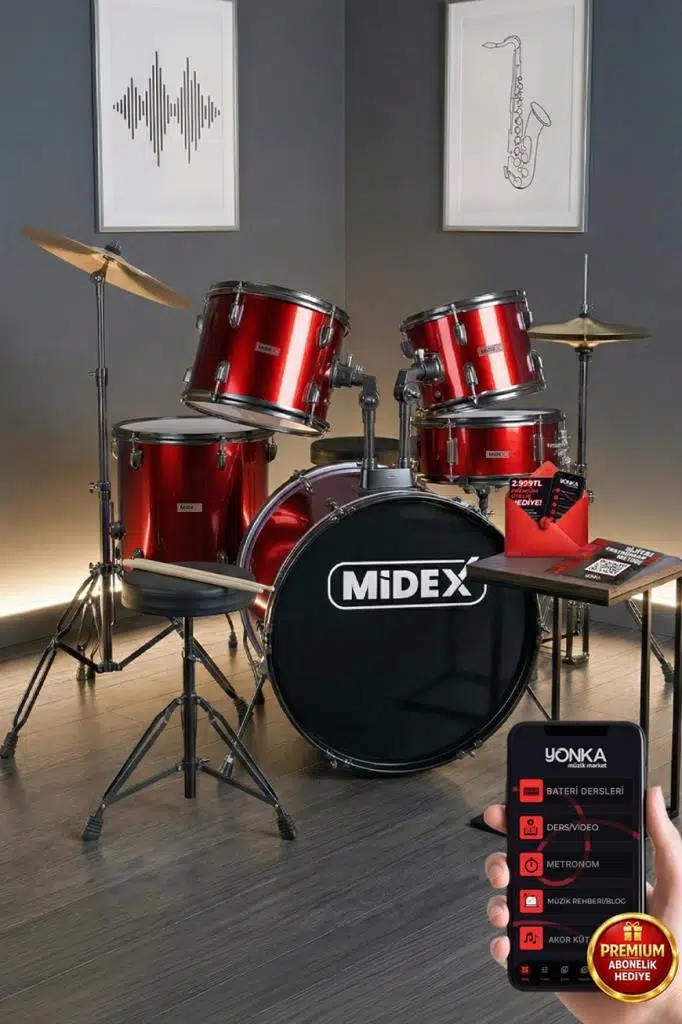 Midex CD900X-RD 22'' Yetişkin Akustik Bateri Davul Seti 22B-13T-12T-16F-14S (5 Parça)
